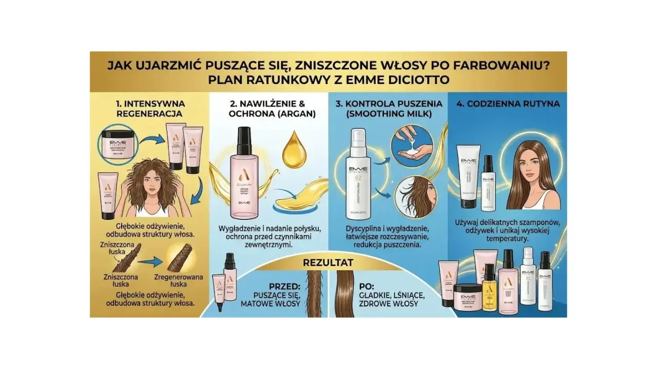 Plan ratunkowy dla zniszczonych włosów po farbowaniu: regeneracja, nawilżenie, kontrola puszenia i codzienna rutyna z produktami Emme Diciotto.