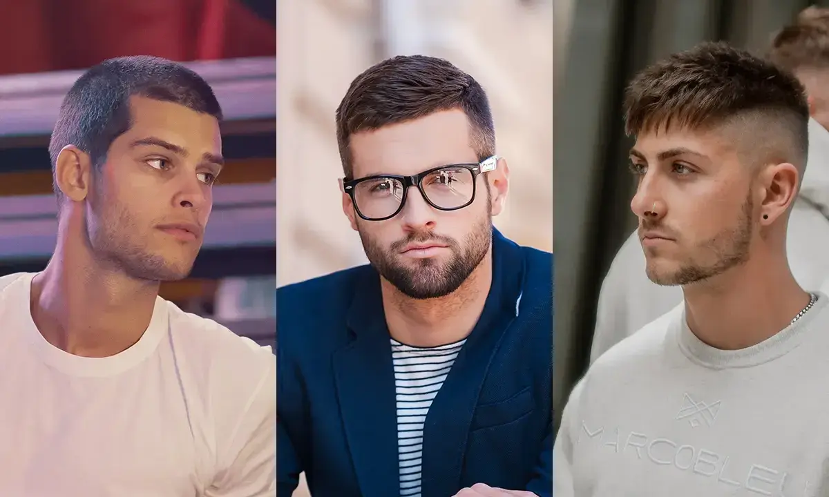 Trzy propozycje fryzur męskich krótkich: klasyczny crop, elegancki z okularami i nowoczesny z wycieniowanym bokiem.