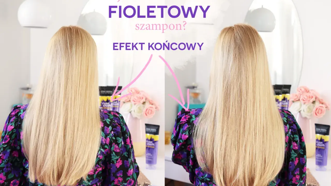 Fioletowy szampon: efekt przed i po. Blond włosy po zastosowaniu fioletowego szamponu stają się jaśniejsze i bardziej lśniące.