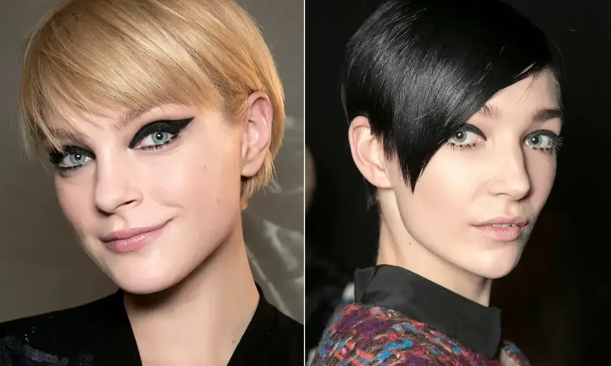 Pixie bob fryzura dla kogo? Dwie kobiety z krótkimi, nowoczesnymi fryzurami i wyrazistym makijażem oczu.