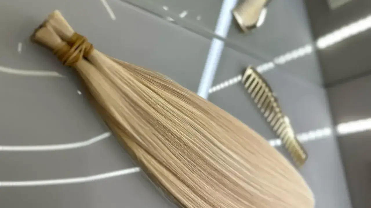 Pytasz, ile kosztuje przedłużanie włosów? Na zdjęciu widać pasma blond włosów gotowe do przedłużenia, obok złote grzebienie.