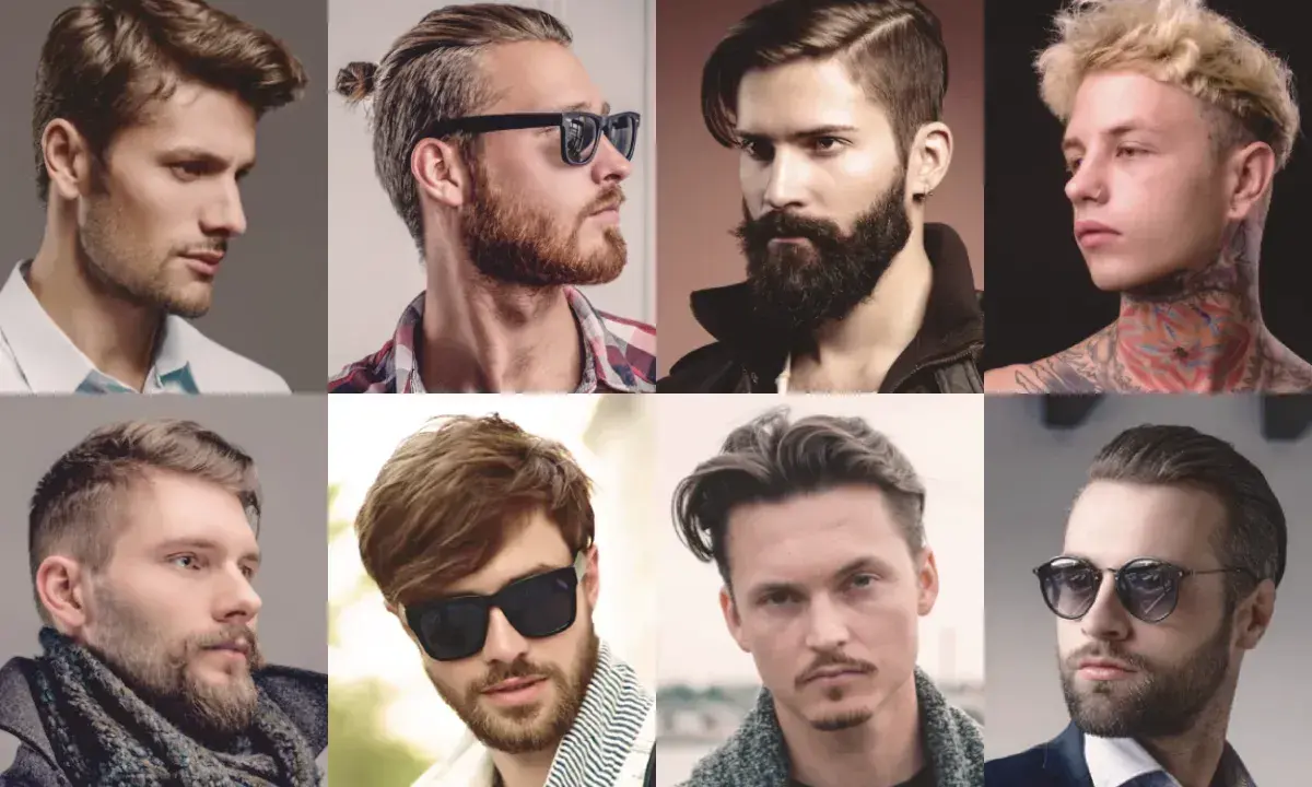 Mężczyźni prezentują różne fryzury, w tym klasyczny quiff, zaczesane włosy i krótkie cięcia.