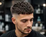 Młody mężczyzna z zaczesaną na bok, lekko potarganą fryzurą typu messy quiff i modnym cieniowaniem po bokach.