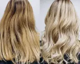 Przed i po: włosy zyskały piękny, ciepły blond, są lśniące i falowane.