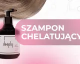 Butelka szamponu chelatującego "deeply" na tle falujących włosów. Dowiedz się, szampon chelatujący co to jest i jak działa.