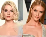 Dwie kobiety z modnymi blond włosami: jedna z krótką, falowaną fryzurą i błyszczącym makijażem, druga z długimi, prostymi włosami.