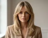 Kobieta w beżowej marynarce z modną, warstwową fryzurą i grzywką curtain bangs.