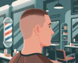 Mężczyzna z modnym buzzcutem w salonie fryzjerskim. W tle barber pole i lustra.