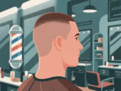 Mężczyzna z fryzurą buzzcut w salonie fryzjerskim. W tle widać barber pole i lustra.