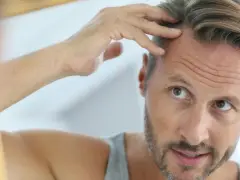 Mężczyzna po 40. sprawdza swoje modne fryzury męskie, dotykając włosów.