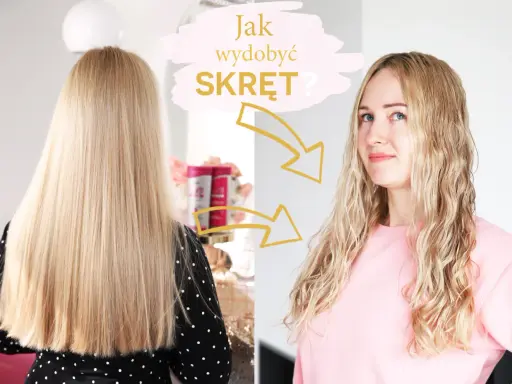 Blond włosy przed i po uzyskaniu pięknego skrętu. Strzałki wskazują transformację.