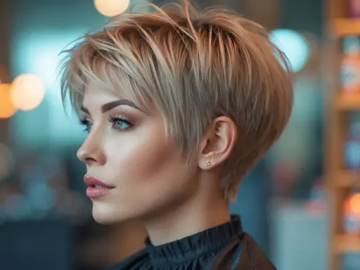 Kobieta z blond, krotkimi wlosami i delikatnym makijażem patrzy w bok.