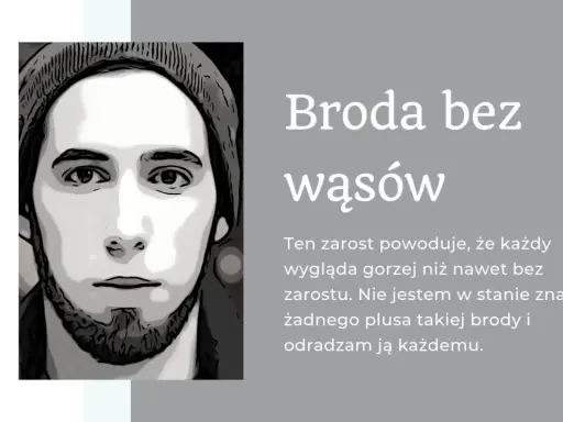 Portret mężczyzny z brodą bez wąsów. Tekst: "Broda bez wąsów. Ten zarost powoduje, że każdy wygląda gorzej niż nawet bez zarostu. Nie jestem w stanie znaleźć żadnego plusa takiej brody i odradzam ją każdemu.