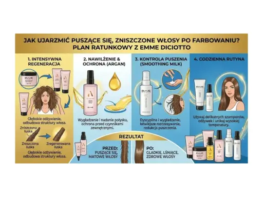 Plan ratunkowy dla zniszczonych włosów po farbowaniu: regeneracja, nawilżenie, kontrola puszenia i codzienna rutyna z produktami Emme Diciotto.