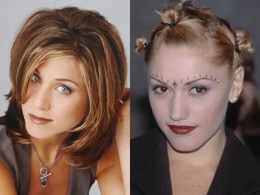 Ikony stylu lat 90.: Jennifer Aniston z klasyczną fryzurą i Gwen Stefani z odważnym makijażem i upięciem.