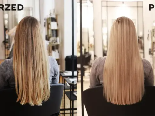 Przed i po tonowaniu włosów w domu: od naturalnego blondu do jednolitego, jasnego koloru.