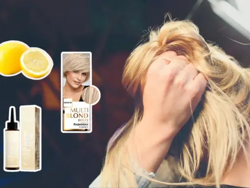 Kobieta z blond pasemkami wplata dłoń we włosy. Obok cytryny i kosmetyki do rozjaśniania włosów.