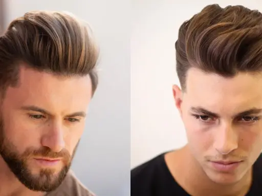 Dwóch mężczyzn z modną fryzurą quiff. Włosy zaczesane do góry i na bok, z wyraźnym przedziałkiem.