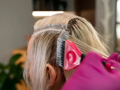 Profesjonalna dekoloryzacja włosów w salonie. Różowa rękawiczka i pędzel nanoszą produkt na blond pasma.