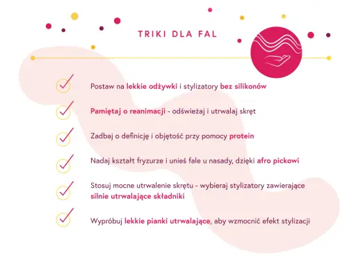 Triki dla fal: lekkie odżywki, proteinowe stylizatory, afro picki i pianki utrwalające dla pięknych włosów falowanych fryzur.