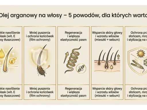 Olej arganowy do włosów: głębokie nawilżenie, mniej puszenia, regeneracja, wsparcie skóry głowy i ochrona przed słońcem, mrozem i stylizacją na ciepło.