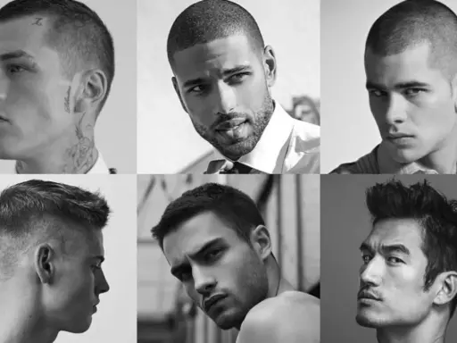 Sześciu mężczyzn z różnymi fryzurami, w tym klasyczny crew cut, prezentuje swoje profile.