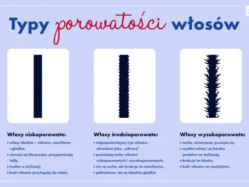 Ilustracja przedstawia trzy typy włosów: niskoporowate (gładkie), średnioporowate (półmatowe) i wysokoporowate (puszące się).