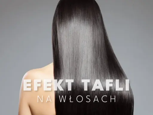Kobieta z lśniącymi, prostymi, czarnymi włosami. Tekst na zdjęciu: "EFEKT TAFLI NA WŁOSACH".