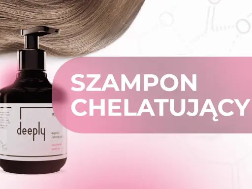 Butelka szamponu chelatującego "deeply" na tle falujących włosów. Dowiedz się, szampon chelatujący co to jest i jak działa.
