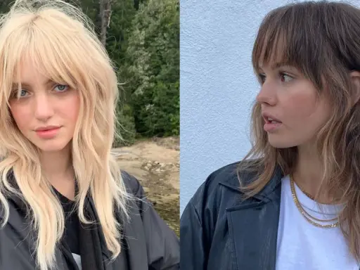 Dwie kobiety prezentują modne fryzury damskie półdługie: blond shag z grzywką i brązowe fale z grzywką.
