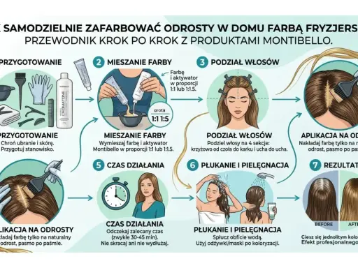 Instrukcja krok po kroku, jak zrobić toner z farby fryzjerskiej w domu. Przygotowanie, mieszanie, podział włosów, aplikacja na odrosty, czas działania, płukanie i pielęgnacja, efekt.