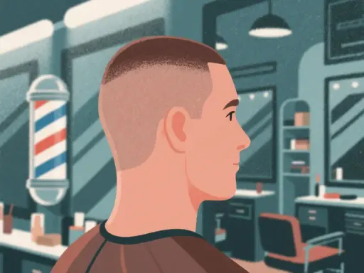 Mężczyzna z modnym buzzcutem w salonie fryzjerskim. W tle barber pole i lustra.
