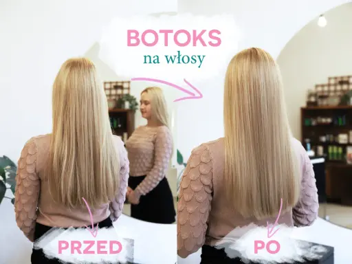 Przed i po zabiegu botoks na włosy w domu. Blond włosy stały się gładkie i lśniące.
