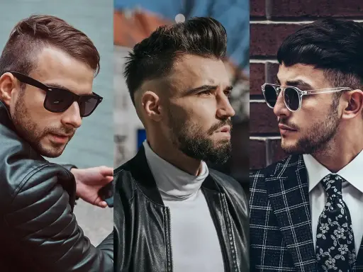 Trzech mężczyzn w stylowych fryzurach french crop, każdy z innym wyrazem twarzy i ubiorem.