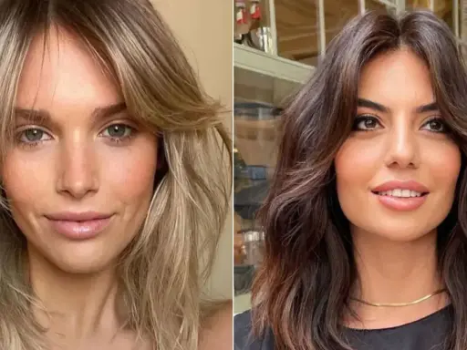 Dwie kobiety prezentują stylowe fryzury do ramion: jedna z blond włosami i grzywką, druga z ciemnymi, falowanymi włosami.