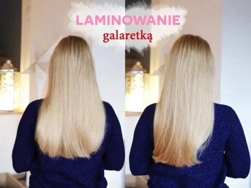Efekt lśniących włosów po laminowaniu galaretką. Dwa ujęcia tej samej blond fryzury, porównanie przed i po zabiegu.