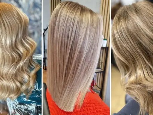 Trzy fryzury z pięknymi, ciemny blond włosami. Jedne falowane, drugie proste, trzecie lekko pofalowane.