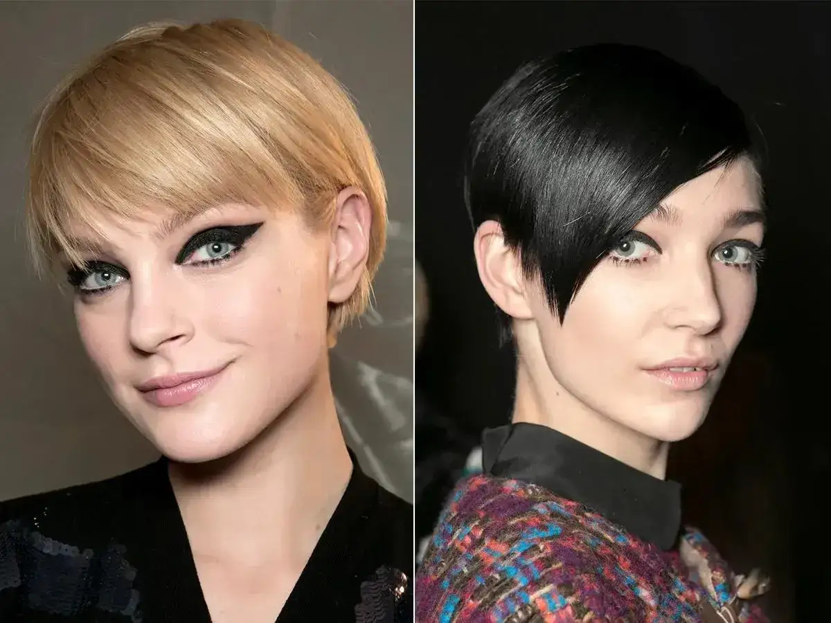 Pixie bob fryzura dla kogo? Dwie kobiety z krótkimi, nowoczesnymi fryzurami i wyrazistym makijażem oczu.