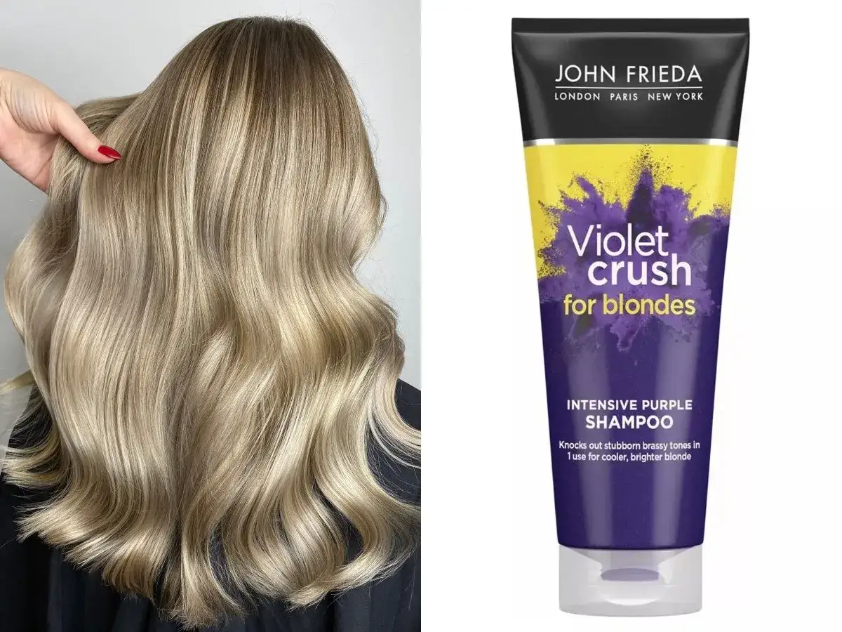 Piękne, lśniące blond włosy i fioletowy szampon John Frieda Violet Crush – idealny duet, by dbać o blond włosy i utrzymać ich chłodny odcień.