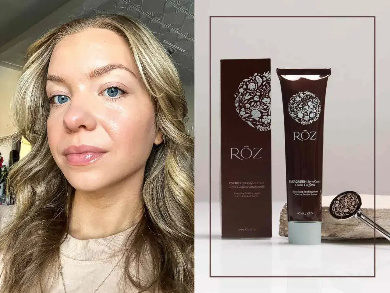 Kobieta z niebieskimi oczami i falowanymi blond włosami prezentuje krem do stylizacji RÓZ Evergreen. Skręt 2c włosów podkreśla jej urodę.