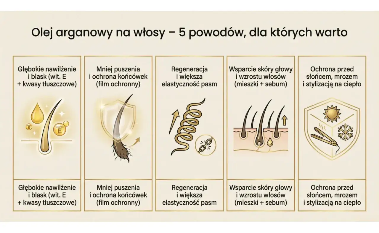 Olej arganowy na włosy: głębokie nawilżenie, mniej puszenia, regeneracja, wsparcie skóry głowy i ochrona przed słońcem, mrozem i ciepłem.