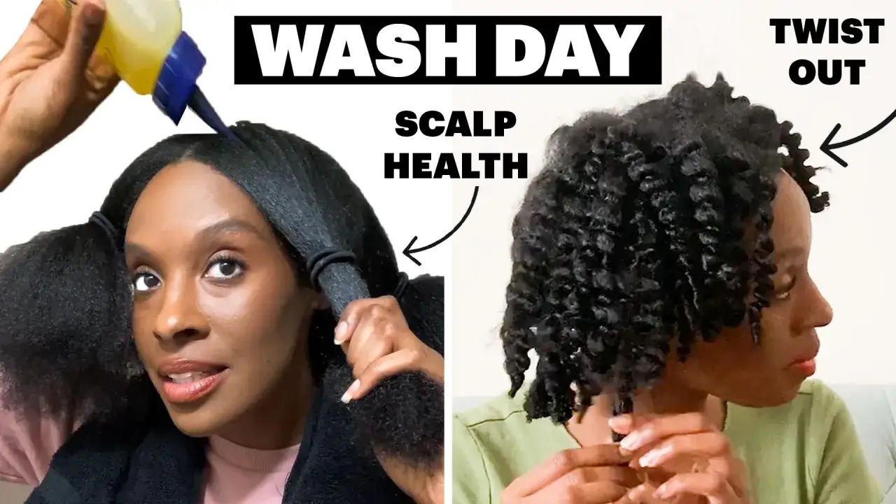 Kobieta pokazuje, jak prawidłowo myć włosy, aplikując olejek na skórę głowy i wykonując twist out na kręconych włosach.