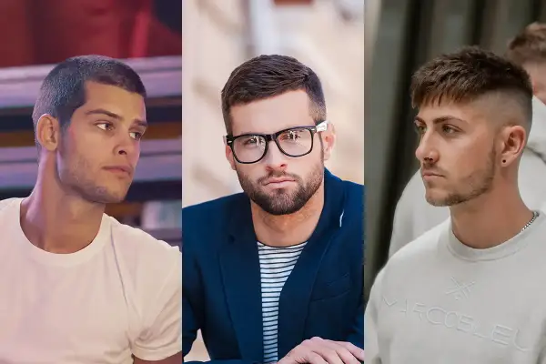 Trzy propozycje fryzur męskich krótkich: klasyczny crop, elegancki z okularami i nowoczesny z wycieniowanym bokiem.