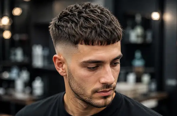 Młody mężczyzna z zaczesaną na bok, lekko potarganą fryzurą typu messy quiff i modnym cieniowaniem po bokach.