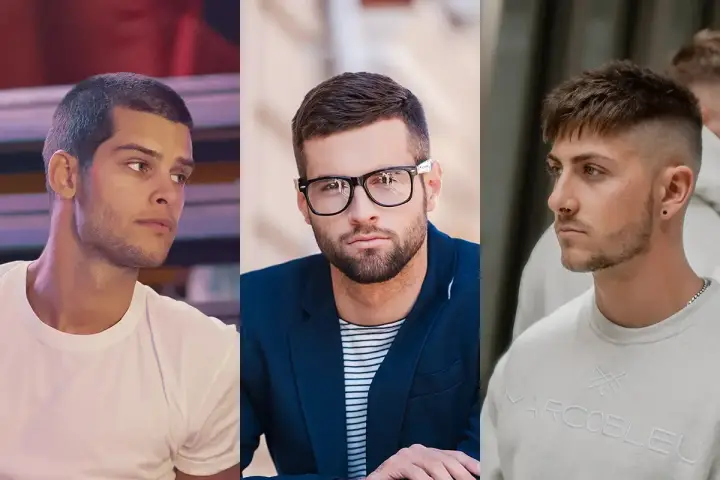Trzy propozycje fryzur męskich krótkich: klasyczny crop, elegancki z okularami i nowoczesny z wycieniowanym bokiem.