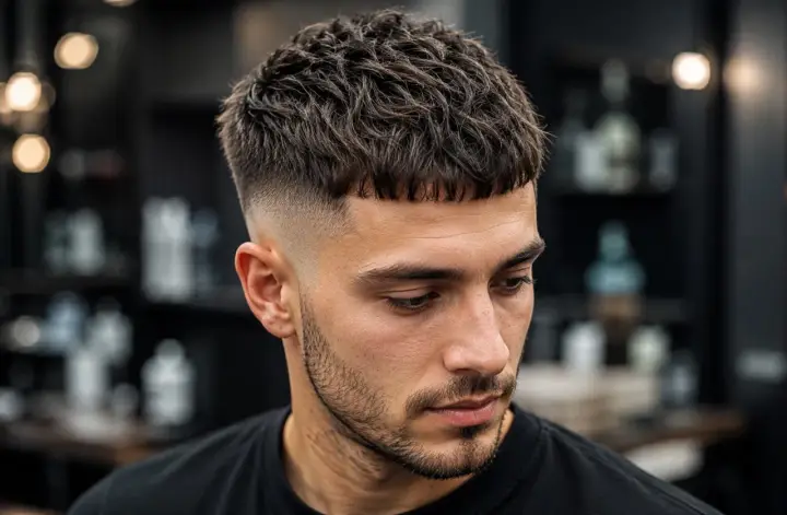 Młody mężczyzna z zaczesaną na bok, lekko potarganą fryzurą typu messy quiff i modnym cieniowaniem po bokach.