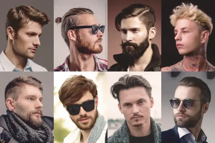 Mężczyźni prezentują różne fryzury, w tym klasyczny quiff, zaczesane włosy i krótkie cięcia.