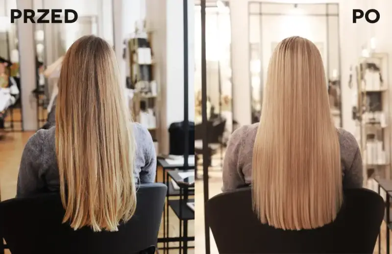 Przed i po tonowaniu włosów w domu: od naturalnego blondu do jednolitego, jasnego koloru.